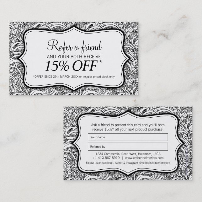 Refer a friend beauty or fashion paisley mono business card (Front/Back)