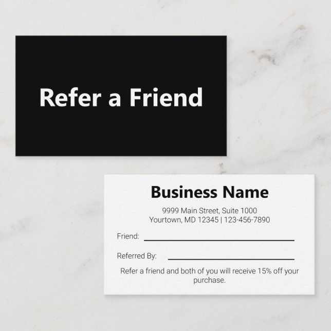 Refer a Friend Black and White Simple Business Referral Card (Front/Back)