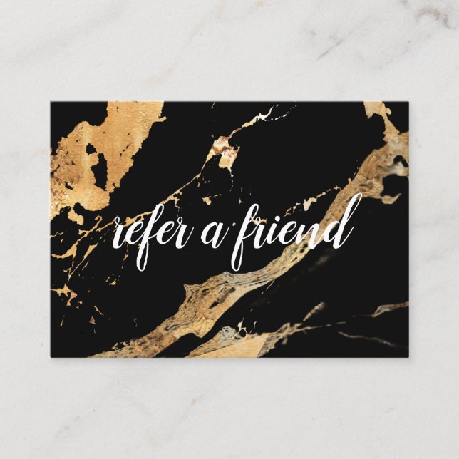 Refer a Friend Black Gold Marble Business Salon Referral Card (Front)
