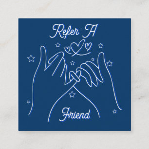 Refer a friend blush blue cute hands illustration square business card
