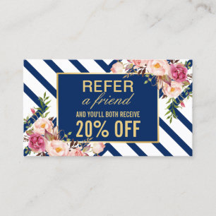 Refer a Friend   Classy Floral Navy Blue Stripes Referral Card