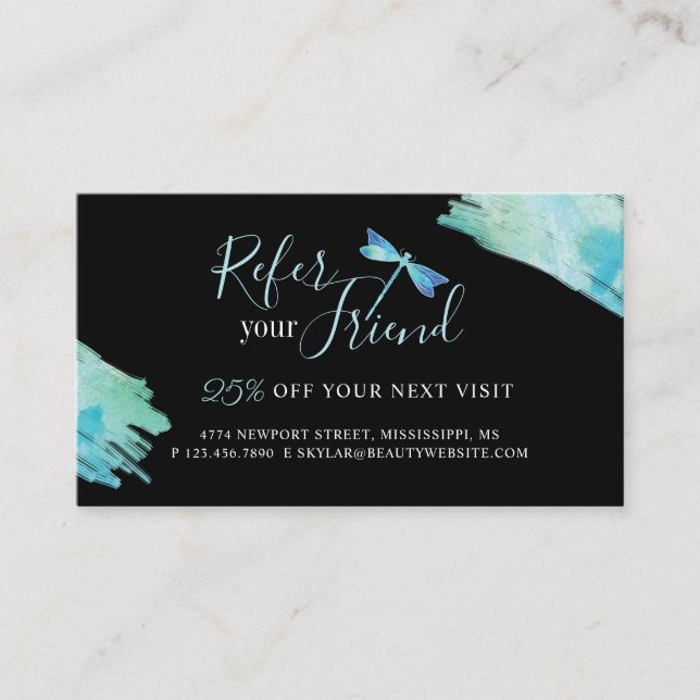 Refer a Friend Elegant Blue Watercolor Dragonfly Referral Card (Front)