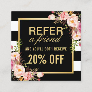 Refer a Friend Floral Gold Black White Referral Card