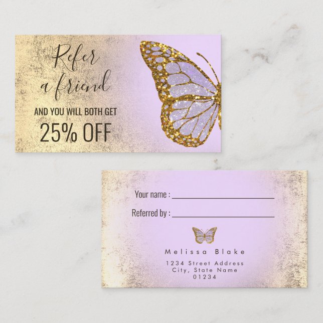 refer a friend lavender butterfly logo business card (Front/Back)