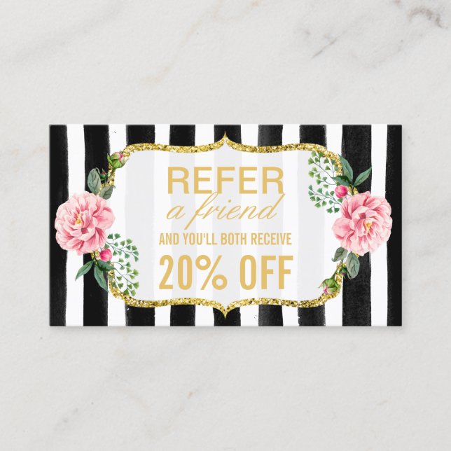 Refer a Friend | Pink Floral Gold Stripes Referral Card (Front)