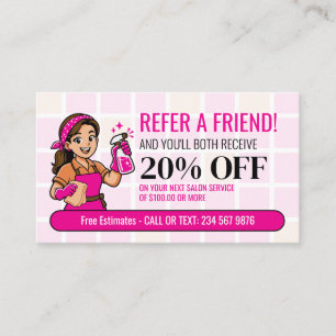 Refer Friend Pink Cartoon Maid House Cleaning Referral Card