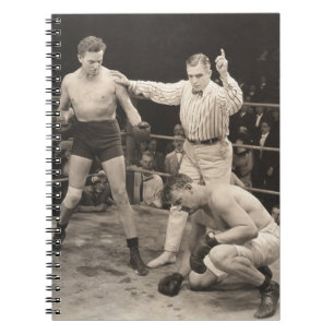 Referee counting over boxer in ringboxing, vintage notebook