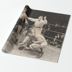 Referee counting over boxer in ringboxing, vintage wrapping paper