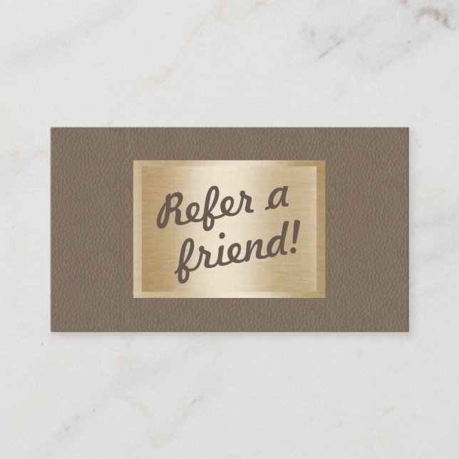 Referral Card | Classy Brown Leather & Gold Label (Front)