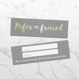 Referral Card Gold Script Elegant Grey Linen
