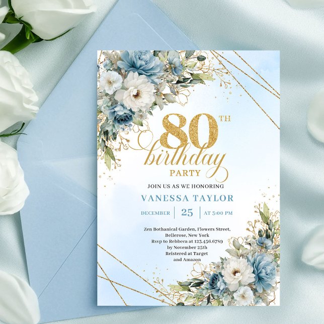 Refined 80th Birthday Invitation Boho Blue White  (Refined 80th Birthday Invitation Boho Blue White Florals)