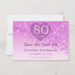 Refined 80th Birthday Pink Glitter Frosted Heart Save The Date
