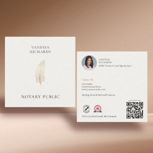 Refined Beige Gold Feather Chic Notary Photo QR Square Business Card