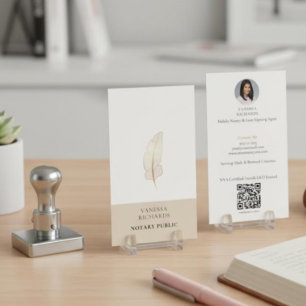 Refined Beige Gold Feather Notary Photo QR  Business Card