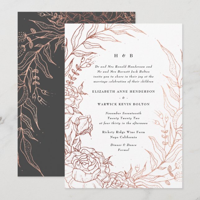 Refined Black Elegance Rose Gold Monogram Wreath Invitation (Front/Back)