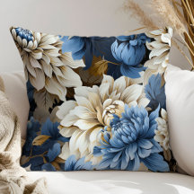 Refined Blue and Ivory Floral Decorative Pillow