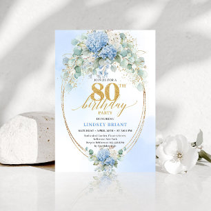 Refined Blue Floral Gold 80th Birthday Invitation