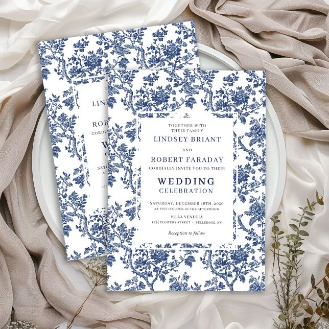 Refined Blue Floral Toile Classic Wedding Invite (Refined Blue Floral Toile Classic Wedding Invitation)