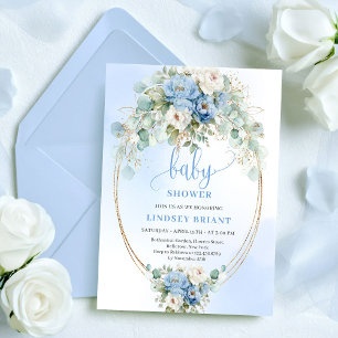Refined Blue Peony Floral Eucalyptus Baby Shower  Invitation