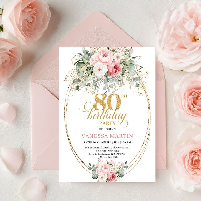 Refined Blush Roses Eucalyptus Gold 80th Birthday Invitation (Refined Blush Roses Eucalyptus Gold 80th Birthday)