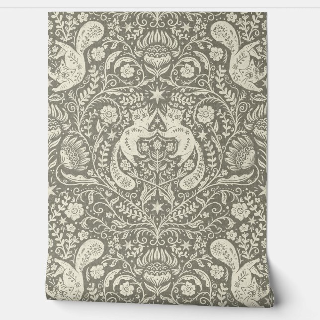 Refined Bohemian Cats - Antique Pewter Dark Wallpaper (Unrolling)