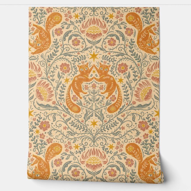 Refined Bohemian Cats - Cream & Orange Wallpaper (Unrolling)