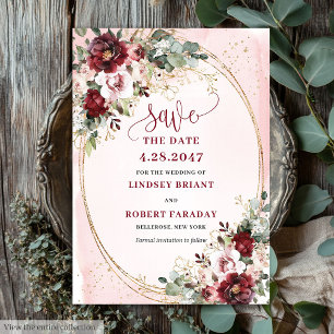 Refined Boho Maroon Blush Gold Floral Save Date Invitation