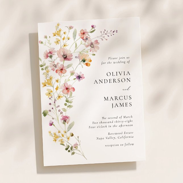 Refined Boho Meadow Wildflower Wedding Invitation (Soft watercolor wildflower wedding invitation with elegant serif typography and airy floral layout)