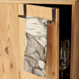 Refined Botanical Motif in Soft Sepia Tones Tea Towel