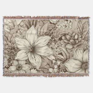 Refined Botanical Motif in Soft Sepia Tones Throw Blanket