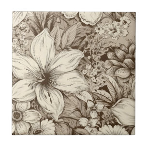 Refined Botanical Motif in Soft Sepia Tones Tile