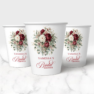 Refined Burgundy Floral Gold Bridal Shower Paper Cups