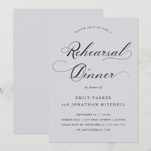 Refined   Calligraphy Soft Grey Rehearsal Dinner Invitation