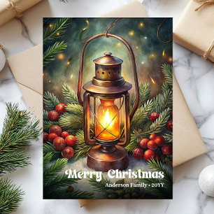 Refined Christmas lantern vintage pine wreath card