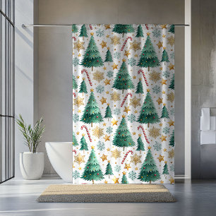 Refined Christmas trees watercolor shower accent Curtain