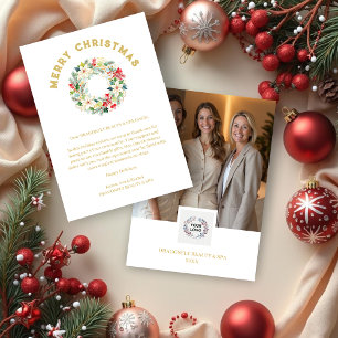 Refined Christmas Wreath Floral Photo Business Holiday Card