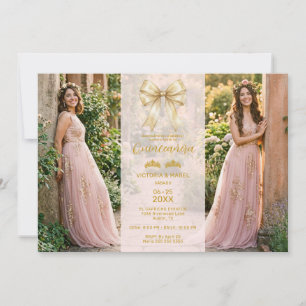 Refined Coquette Blush Pink Twins Quinceañera Invitation