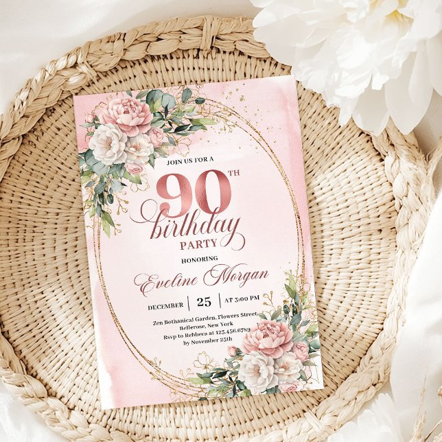 Refined Dusty Pink Gold Greenery 90th Birthday  Invitation (Refined Dusty Pink Gold Greenery 90th Birthday Invite)