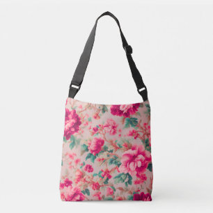 Refined Elegant Bright Pink Flowers, Lush Leaves Crossbody Bag