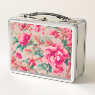 Refined Elegant Bright Pink Flowers, Lush Leaves Metal Lunch Box