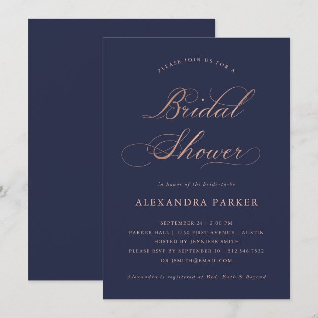 Refined Faux Rose Gold Calligraphy Bridal Shower Invitation (Front/Back)