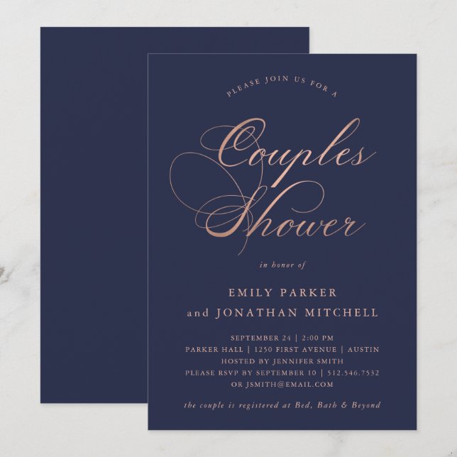 Refined Faux Rose Gold Calligraphy Couples Shower Invitation (Front/Back)