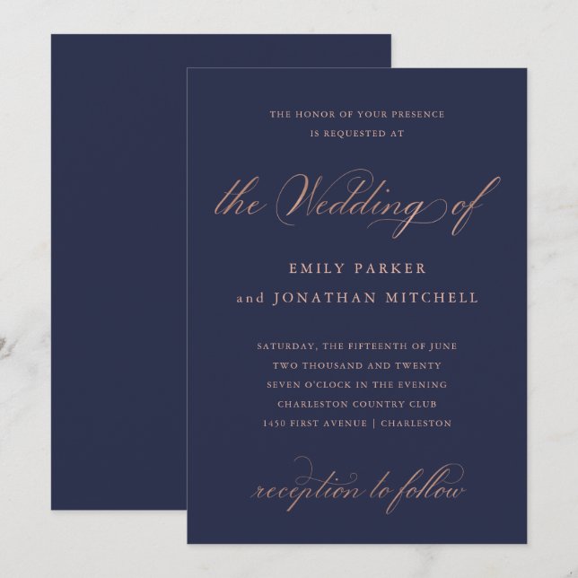 Refined | Faux Rose Gold Wedding Calligraphy Invitation (Front/Back)