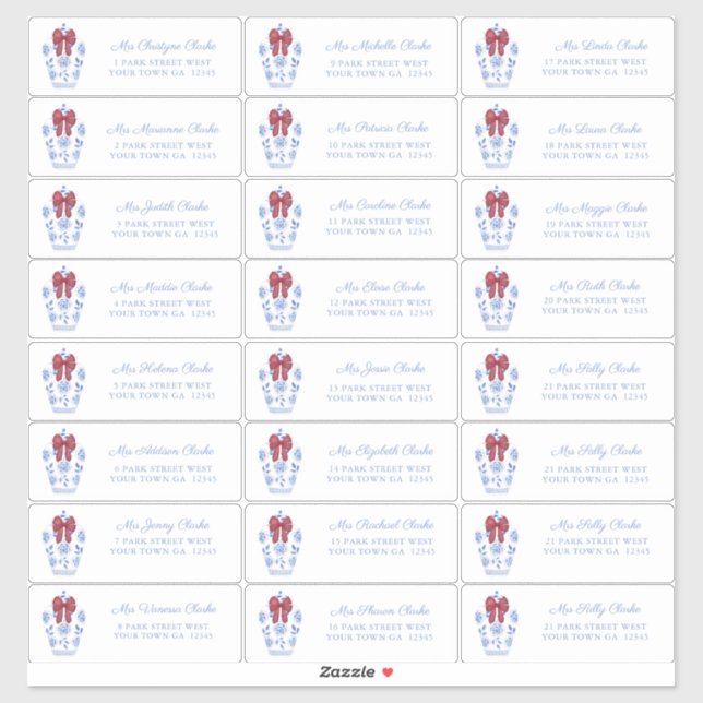 Refined Ginger Jar Red Bow Holiday Cards Address (Sheet)