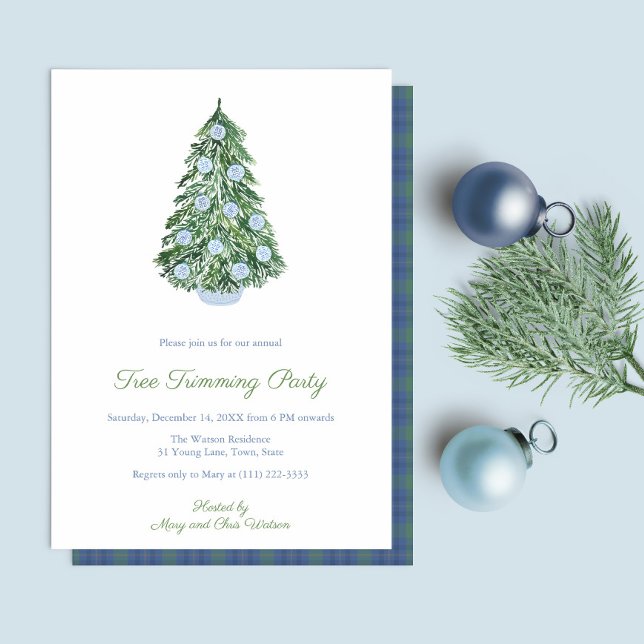 Refined Ginger Jar Tree Trimming Holidays Party Invitation (Chinoiserie Chic Blue And White Tree Trimming Christmas Holidays Party Invitation)