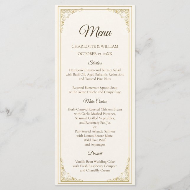 Refined Gold Frame Wedding Menu Card (Front)