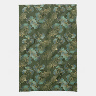 Refined Gold Ginkgo Botanical Emerald Green Art Tea Towel
