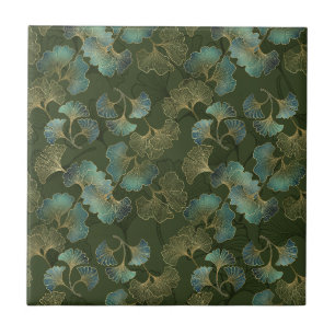 Refined Gold Ginkgo Botanical Emerald Green Art Tile