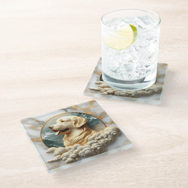 Refined Golden Retriever Marble Pattern Glass Coaster (Angled)