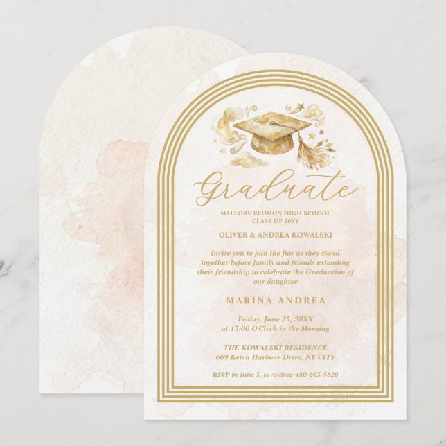 Refined Graduate Cap in Beige Tones Graduation Invitation (Front/Back)